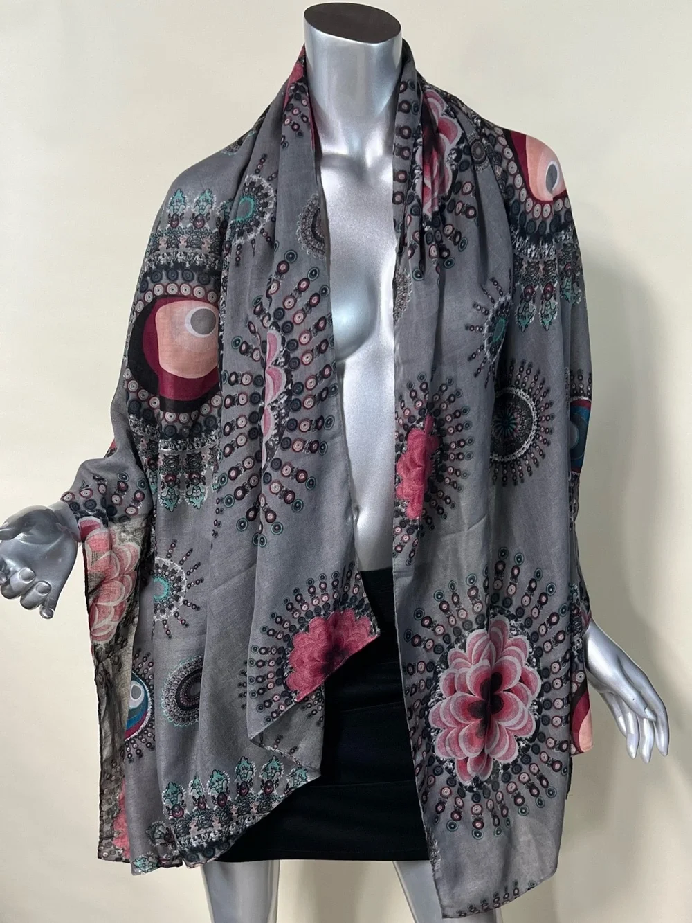 Long Large Scarf Geometric Colorful Boho Floral Print Soft Grey 32”x70”